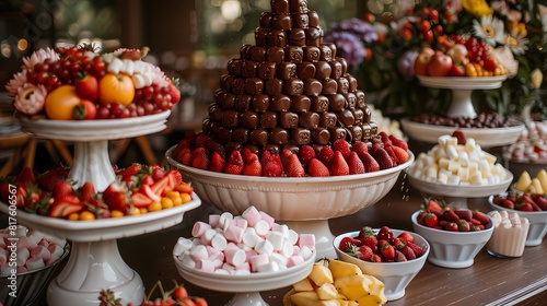 A dessert table featuring a decadent chocolate fountain surrounded by bowls of fresh fruit and marshmallows for dipping