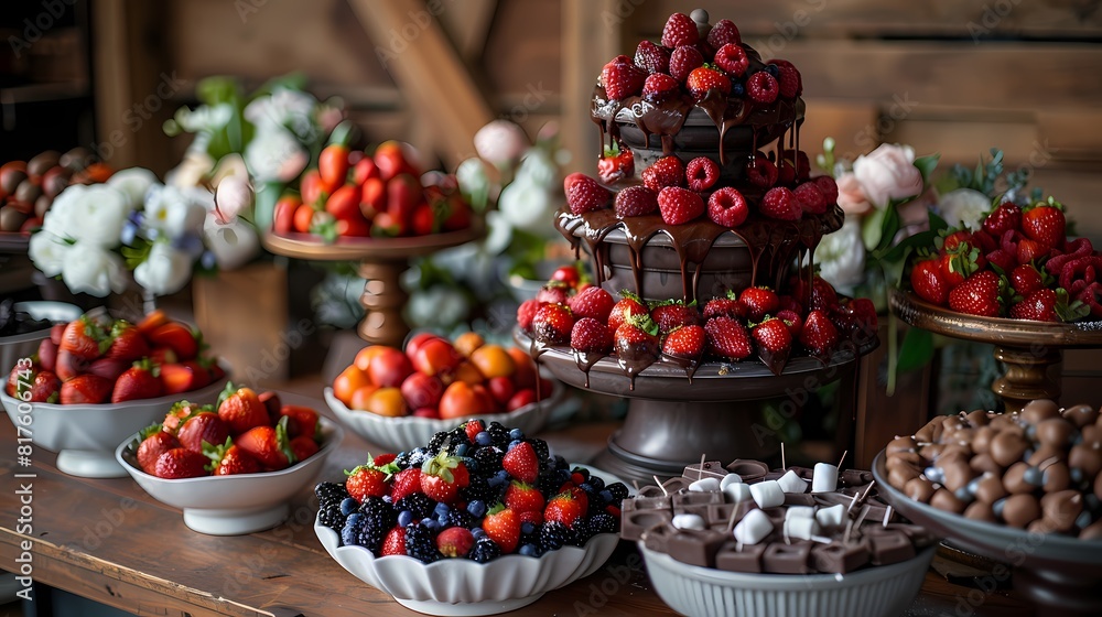 A dessert table featuring a decadent chocolate fountain surrounded by bowls of fresh fruit and marshmallows for dipping