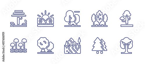 Forest line icon set. Editable stroke. Vector illustration. Containing tree  forest  valley  trees  green  sunrise  mushrooms.