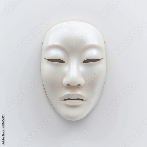 Close-up of a Noh mask, a realistic object render, against a flat white background