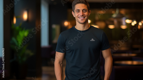 Man in navy blue oversized T-shirt at hotel lounge
