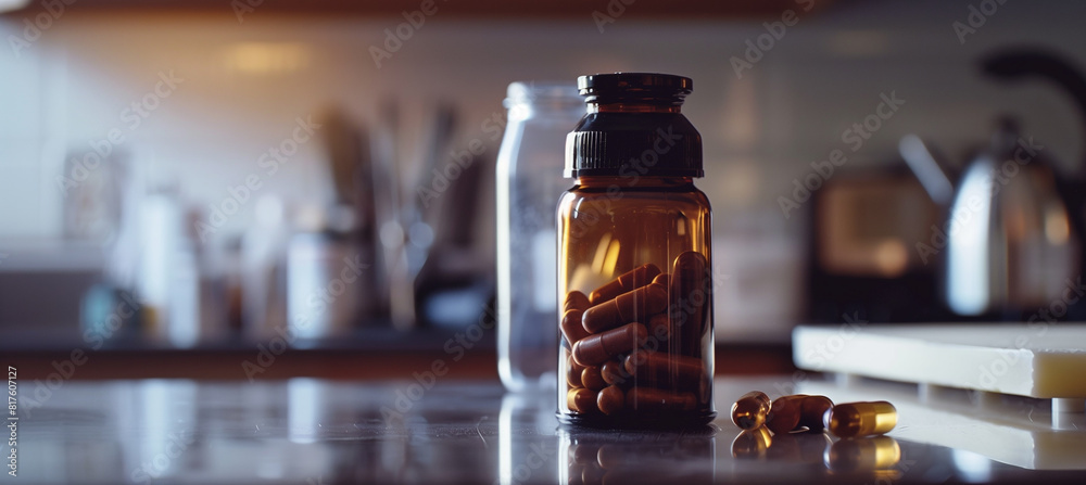 Amber Bottle with Capsules on Kitchen Counter Amber Bottle with Capsules on Kitchen Counter