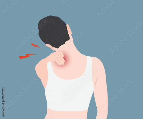 Young woman is suffering from pain in the shoulder and neck due to health problems, muscle inflammation or osteomyelitis.Vector illustration.