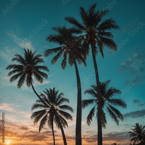  Feel the power of the sun on Summer Solstice Day. Background  Turquoise sunset with palm trees.