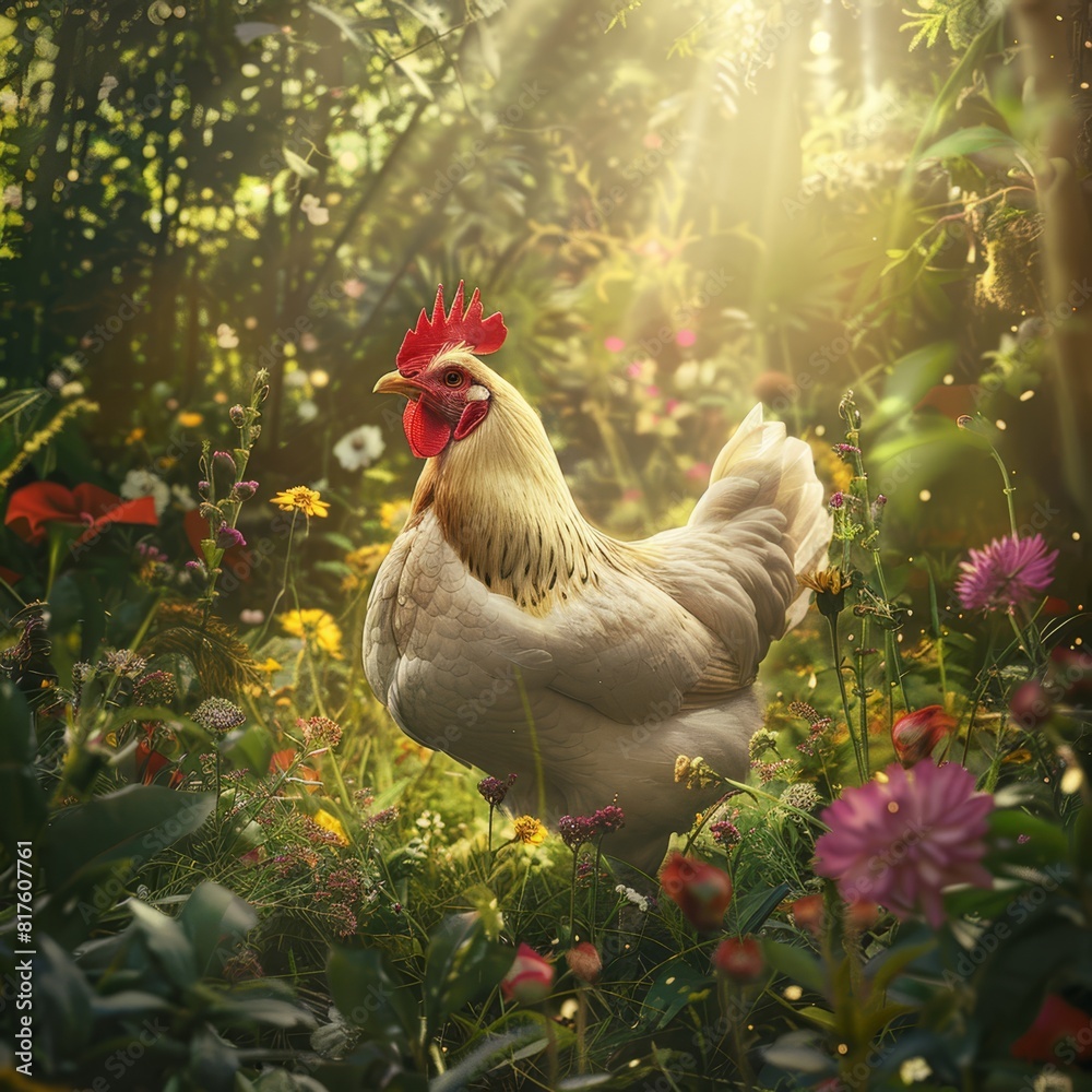 A chicken stands amidst a field of wildflowers and daisies, under a sunlit canopy of trees A chicken stands amidst a field of wildflowers and daisies, under a sunlit canopy of trees