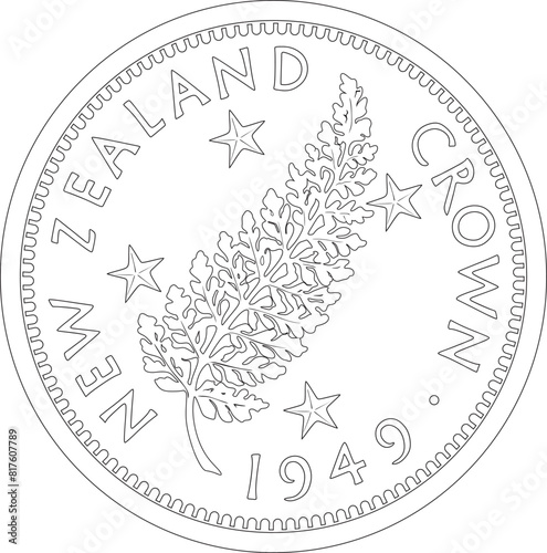 One Crown New Zealand coin vector design handmade silhouette.