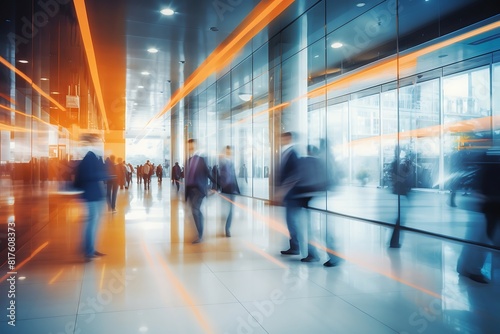 Long exposure shot of crowd of business people walking in bright office lobby fast moving with blur