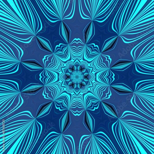 square format floral fantasy in turquoise and black creative patterns and design on a royal blue background