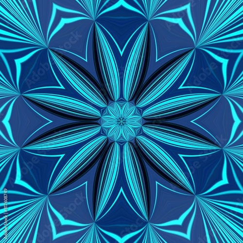 square format floral fantasy in turquoise and black creative patterns and design on a royal blue background