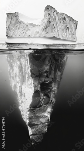 A black and white photo of an iceberg floating in the water. photo