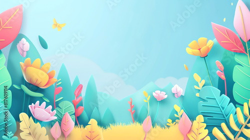 Colorful flower garden in bright spring sunlight with lush greenery and soft blue sky