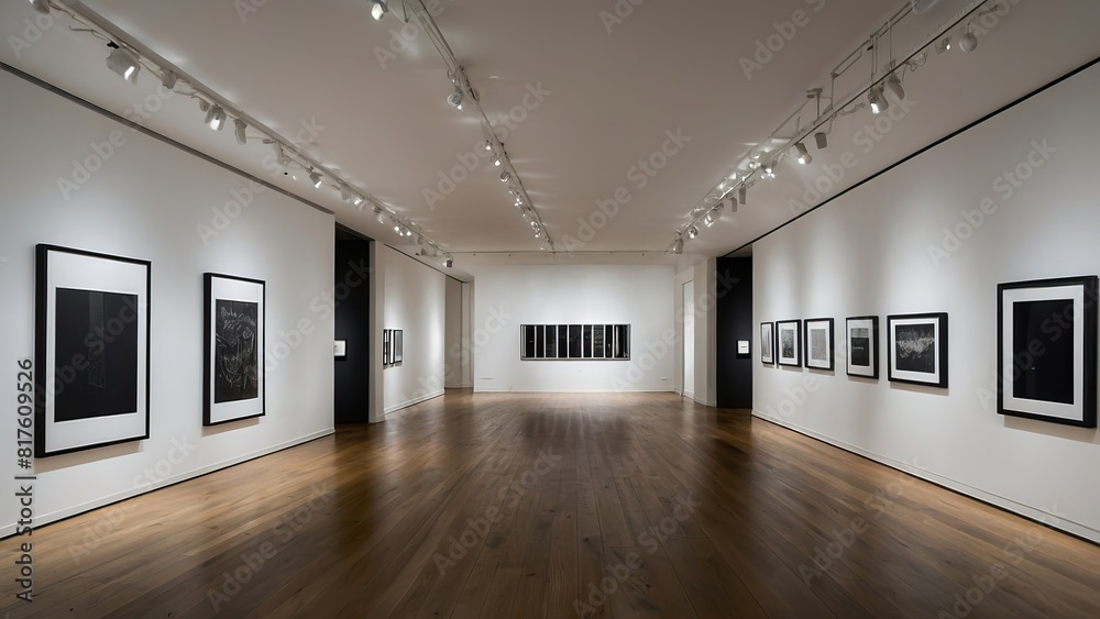 Obraz premium Modern gallery exhibiting abstract art in a minimalist, well lit space