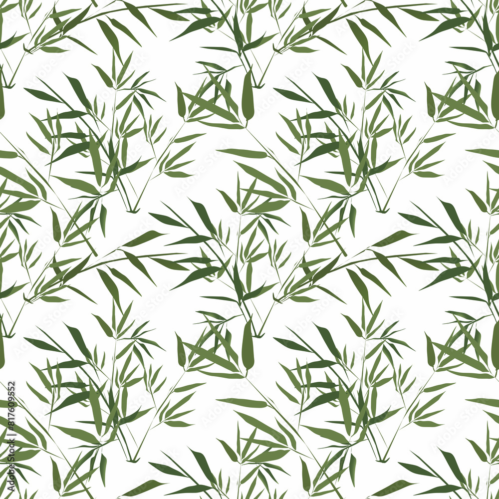 Fototapeta premium Seamless tropical pattern. Green leaves, bamboo branches on a white background.