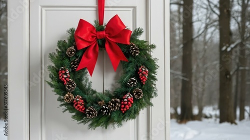 A decorative holiday wreath with pine cones and red berries against a black door