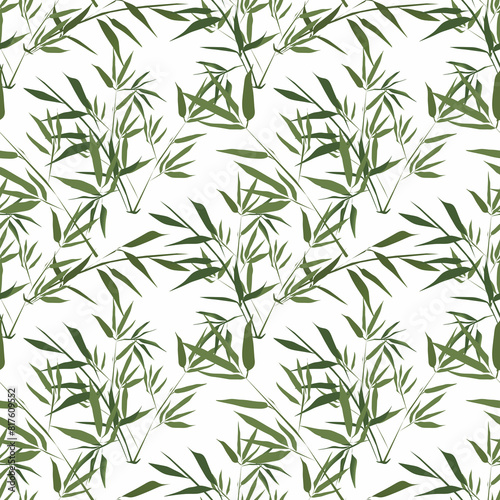 Seamless tropical pattern. Green leaves  bamboo branches on a white background.
