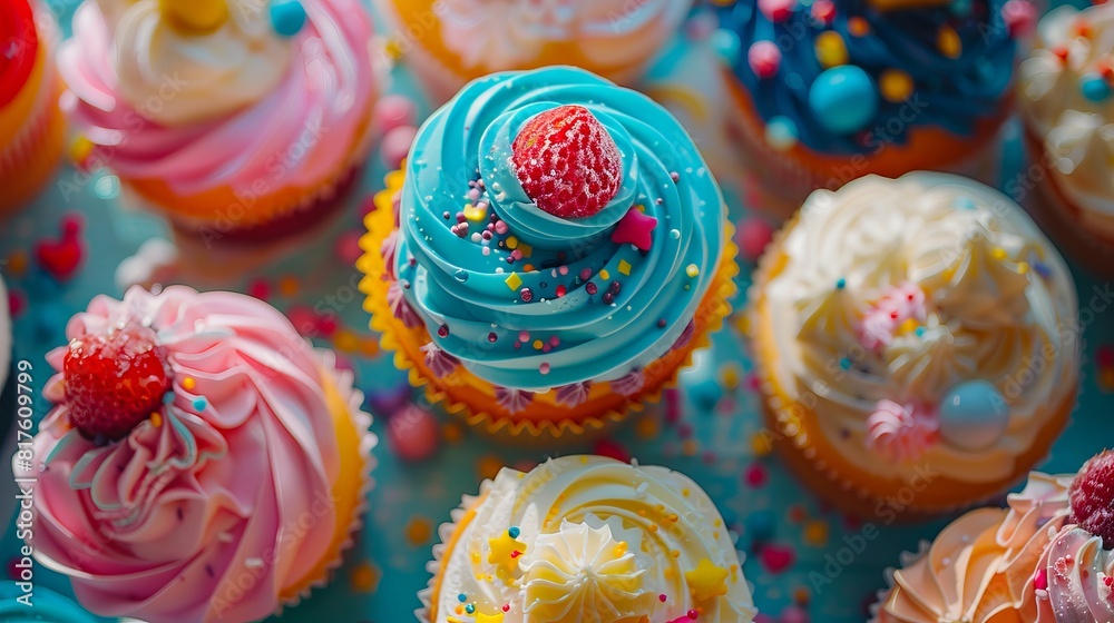 Many colorful cupcakes are arranged on a table.