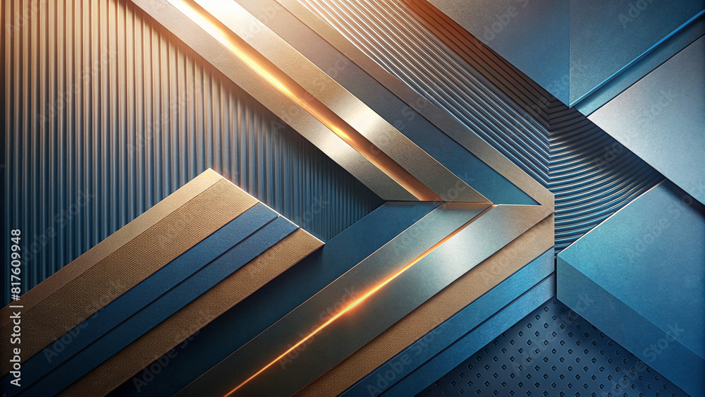 Obraz premium Abstract Geometric Design with Layered Textured Metallic Surfaces in Blue and Grey - Contrasting Warm Orange Glow for Modern Digital Wallpaper, Graphic Design, or Creative Artistic Projects.