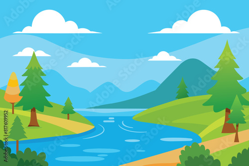 Cartoon landscape with river bay, water surface and river banks with trees. Cozy place background vector