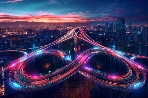Curvy expressways cut through the cityscape, stretching into the distance. Rather than traditional vehicle lights, the expressways are illuminated with vibrant, swirling lights with infinity icon photo