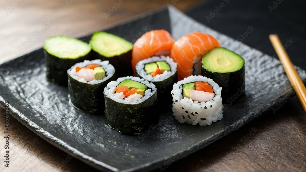 A plate of delicate sushi rolls with colorful filling, ready for a delightful meal A plate of delicate sushi rolls with colorful filling, ready for a delightful meal