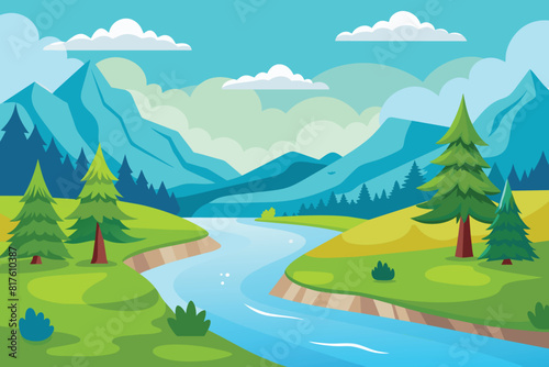 Cartoon landscape with river bay  water surface and river banks with trees. Cozy place background vector