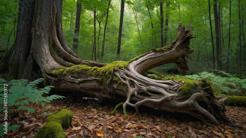 A gnarled tree root protrudes from the forest floor in a serene  moss covered woodland