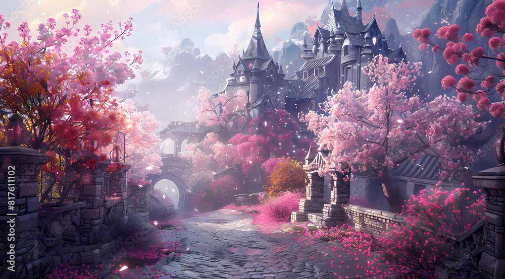 Obraz premium Game background, a medieval castle surrounded by cherry blossom trees, pink petals falling on the stone road