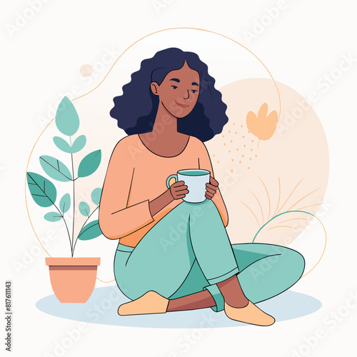 A woman is sitting on the floor with a plant in front of her. She is holding a cup and smiling. Concept of relaxation and contentment