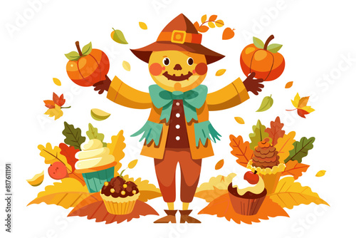 A pumpkin carving artist is holding two pumpkins and a cupcake. The scene is set in a fall setting with leaves on the ground