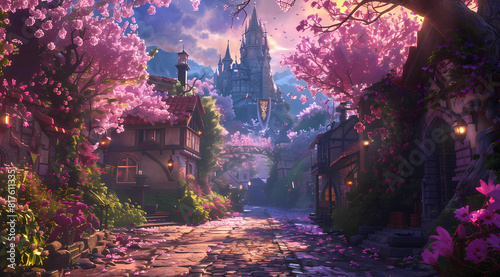 A fantasy medieval street lined with old buildings and trees in full bloom, with pink flowers on the trees and purple light filtering through the leaves