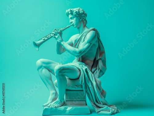 
3d rendering of  musician ancient  greek -roman  statue art figure  . Creative concept colorful neon image with bright  turquoise color sculpture background, fashionable, trendy ,isolated background
 photo