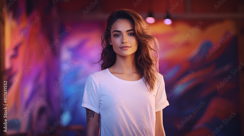 Pretty woman wearing a T-shirt in a studio with vivid background Pretty woman wearing a T-shirt in a studio with vivid background