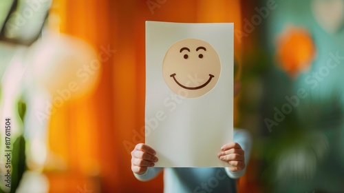 A person is holding a white card with a smiley face on it. The card is being held up to the camera, and the person appears to be happy. Concept of joy and positivity