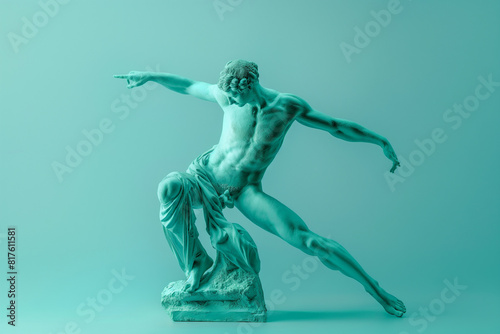  3d rendering of posture ancient greek -roman statue art figure . Creative concept colorful neon image with bright turquoise color sculpture background, fashionable, trendy ,isolated background 