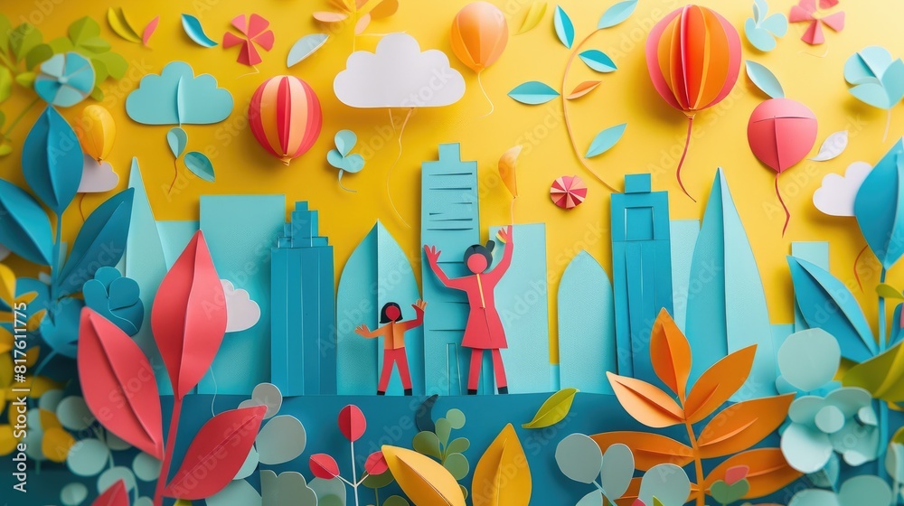 A colorful paper city with two people enjoying balloons. Scene is joyful and playful A colorful paper city with two people enjoying balloons. Scene is joyful and playful