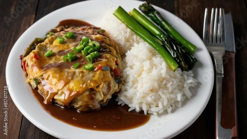 A plate of savory egg foo young with a fluffy omelet, rice, and vegetables photo