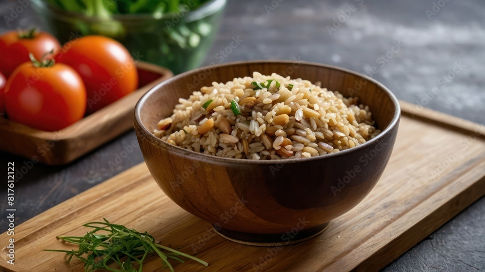 A bowl of nutty brown rice with vegetables on a rustic table A bowl of nutty brown rice with vegetables on a rustic table