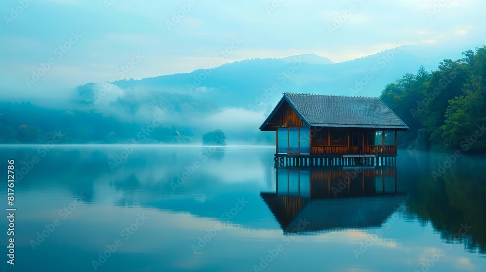 Obraz premium A small house sits on the edge of a lake.