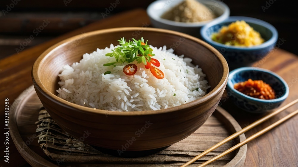 A steaming bowl of fragrant jasmine rice garnished with fresh greens A steaming bowl of fragrant jasmine rice garnished with fresh greens