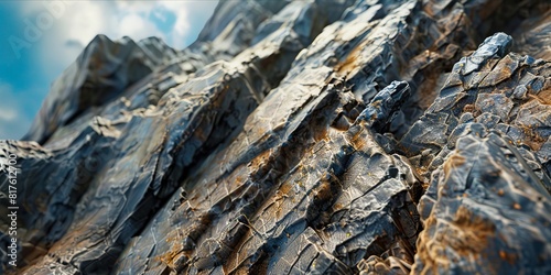 A close up of a rock with a blue sky.