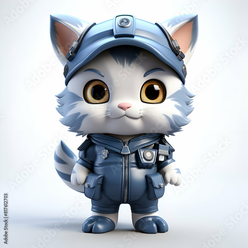 Cute cartoon cat dressed as a police officer. 3D rendering. photo