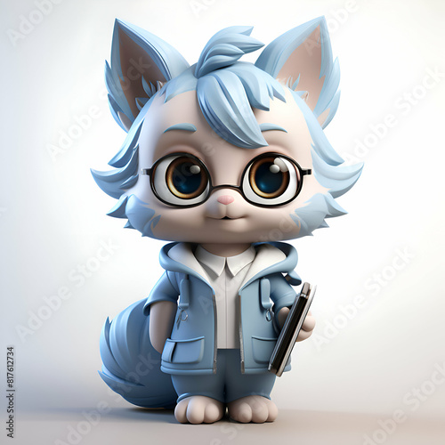 Cute cartoon fox with blue hair and glasses holding a cell phone photo
