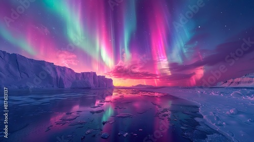 Aurora borealis over icebergs and snow.