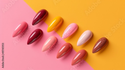 Background of arranged diverse nails wear armor with manicure in fashion popular colors. Elegant acrylic beautiful gel polish stiletto nail manicure for spa salon web advertising branding banner