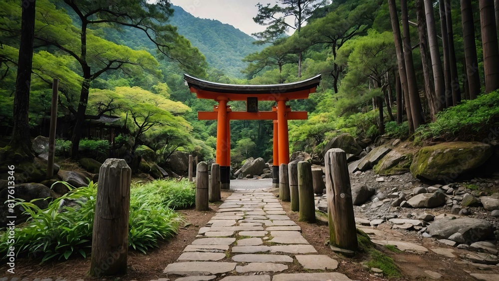 A serene stone pathway leading through torii gates surrounded by autumnal trees. A serene stone pathway leading through torii gates surrounded by autumnal trees.
