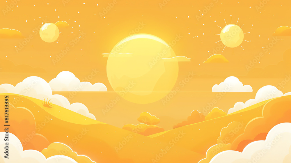 Bright yellow sun rising over soft clouds in a warm, serene sky during early morning hours Bright yellow sun rising over soft clouds in a warm, serene sky during early morning hours