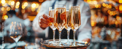 glamorous event, waiter hands elegantly presents a tray of sparkling champagne flutes