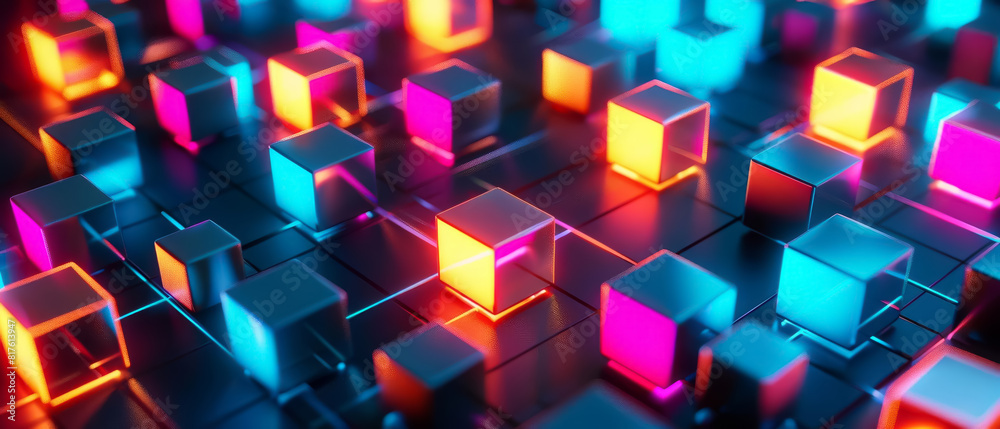 Neon accented 3D cubes scattered in a dynamic pattern Neon accented 3D cubes scattered in a dynamic pattern