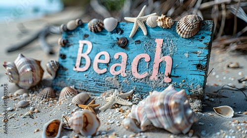 rustic Beach signpost adorned with seashells photo