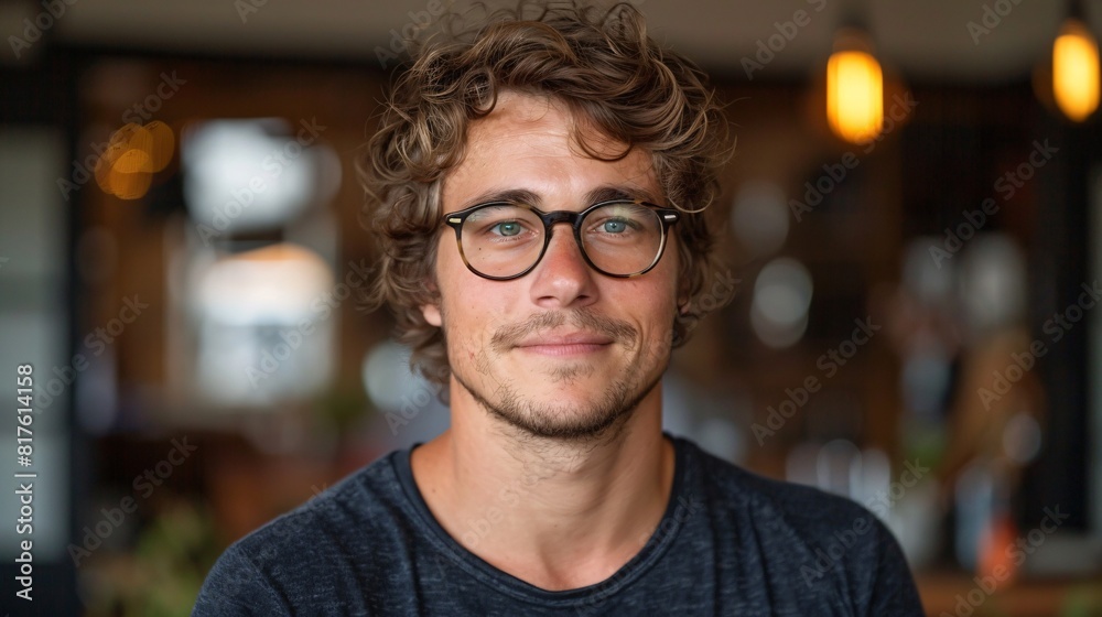A man wearing glasses smiles while seated at a table in a restaurant A man wearing glasses smiles while seated at a table in a restaurant